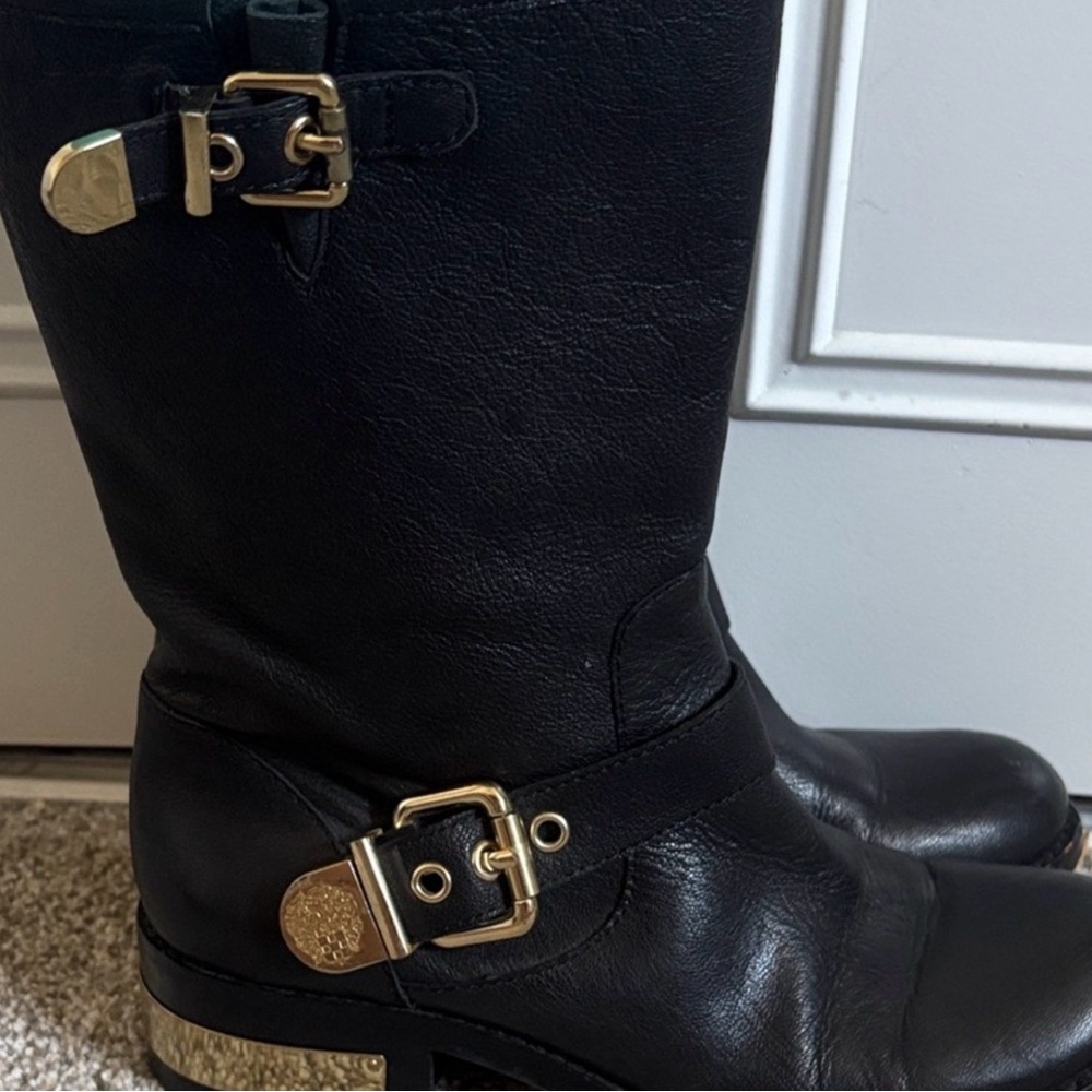 Vince Camuto Black Leather Moto Boots with Gold Accents